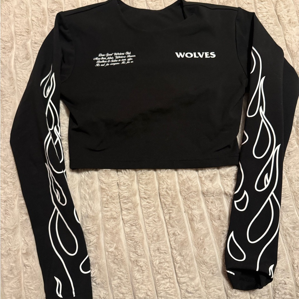 Darc sport Black Cropped Long-Sleeve Top with Flame Sleeves